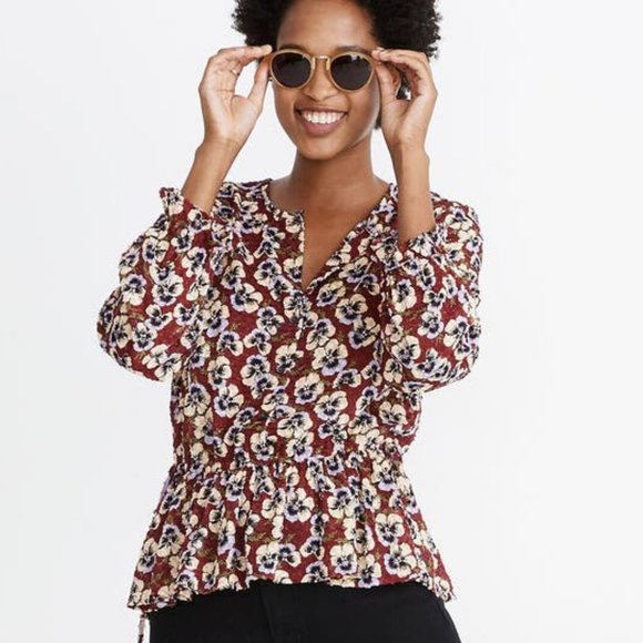 Madewell Tops - Madewell Viola Floral Ruffle Top - Dusty Burgundy